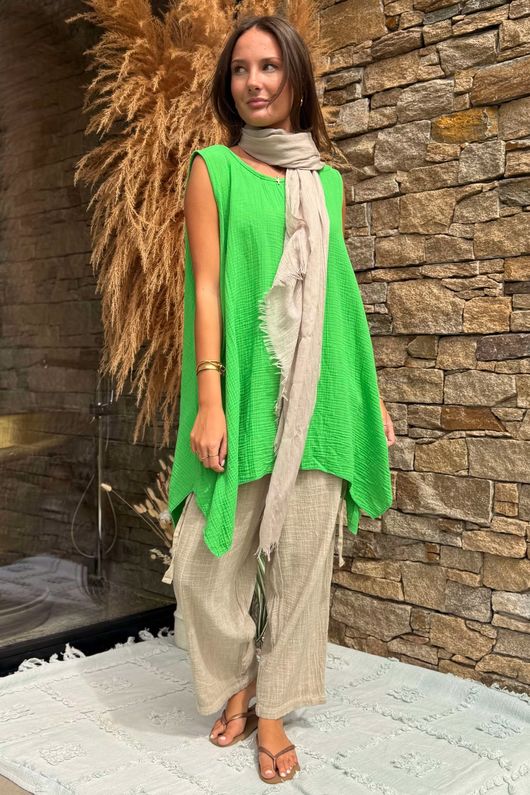 Made in Italy Pia Pillow Cotton Pocketed Dip Side Tank Lime /12